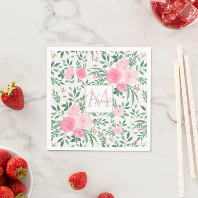 Serviette En Papier Elégante Fleurs Roses Blanches Aquarelle Florale (En situation)