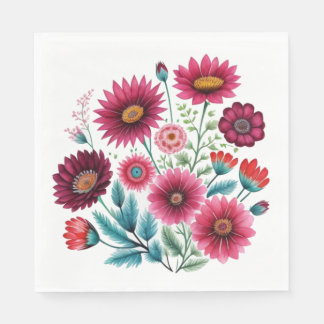 Serviette En Papier Élégante Fleurs Roses et Rouges Sauvages
