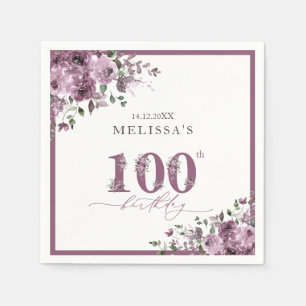 Serviette En Papier Elégante Fleurs violettes 100e fête d'anniversaire
