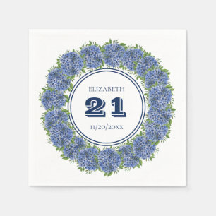 Serviette En Papier Elégante Floral Blue Hydrangea 21e fête d'annivers