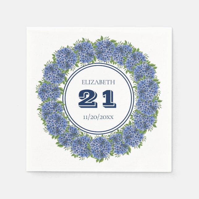 Serviette En Papier Elégante Floral Blue Hydrangea 21e fête d'annivers (Devant)