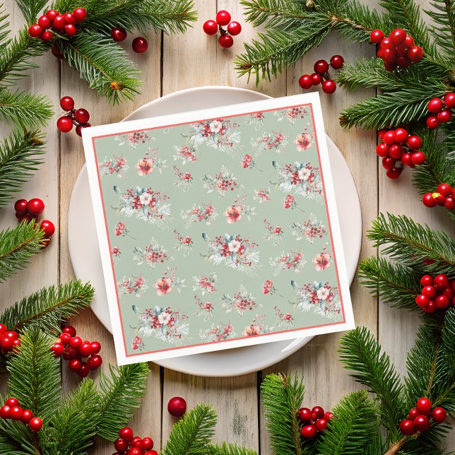 Serviette En Papier Élégante Florale d'Hiver Rouge et Verte Baby Showe (Créateur téléchargé)