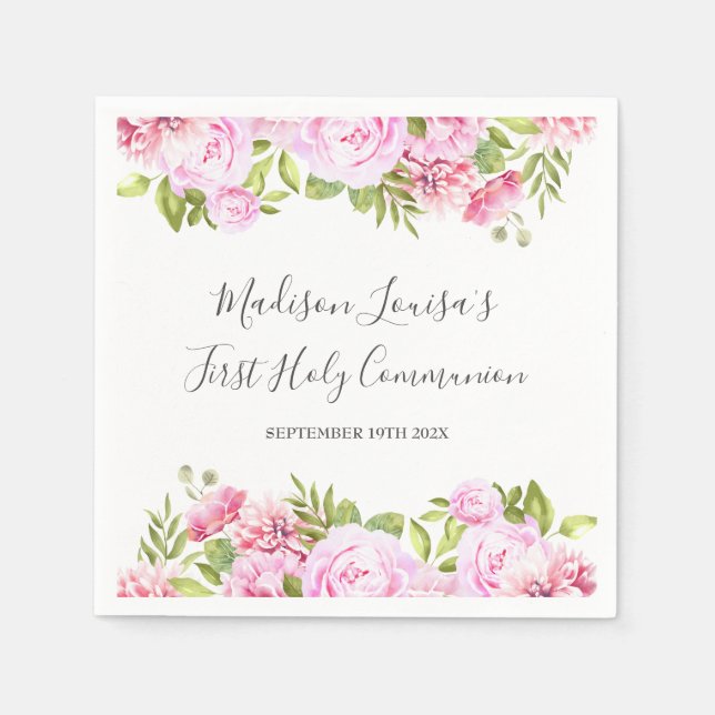 Serviette En Papier Élégante florale rose Première communion sainte (Devant)