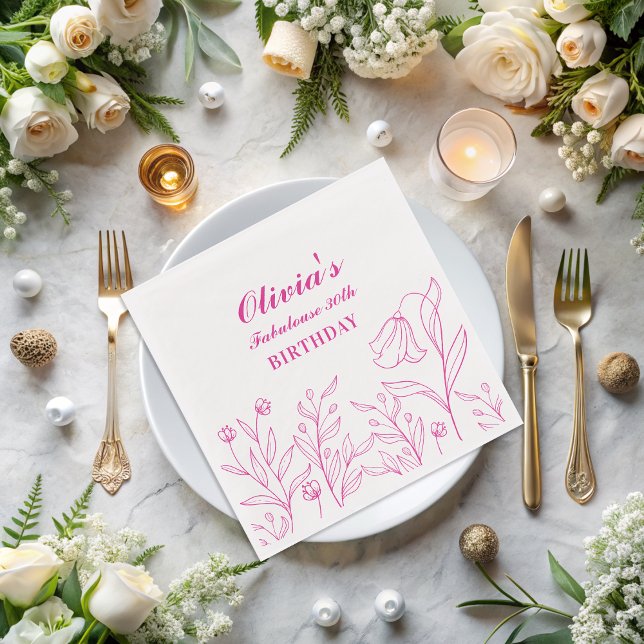 Serviette En Papier Élégante Flore blanche et rose 30e anniversaire (Créateur téléchargé)