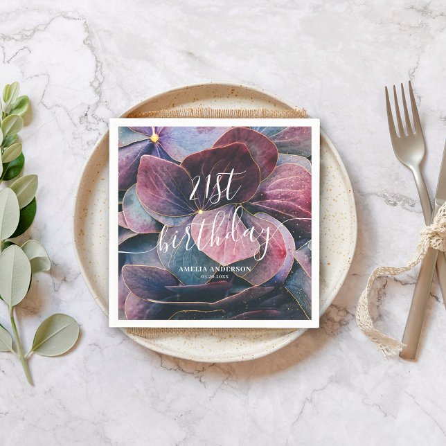 Serviette En Papier Elégante Gold Purple Blue Hydrangeas 21e anniversa (Créateur téléchargé)