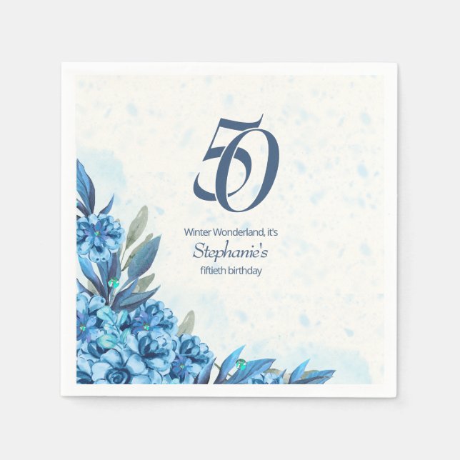 Serviette En Papier Elégante hiver Fleurs Bleues Bleues 50e anniversai (Devant)
