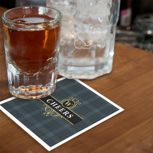 Serviette En Papier Élégante initiale de monogramme à carreaux noir et