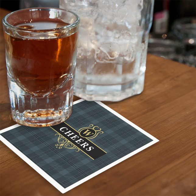 Serviette En Papier Élégante initiale de monogramme à carreaux noir et (Créateur téléchargé)