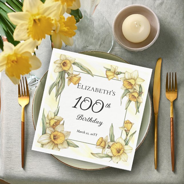 Serviette En Papier Élégante jonquille jaune Floral 100e anniversaire (Elegant Yellow Daffodils Floral 100th Birthday Party Napkins)