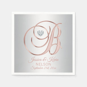 Serviette En Papier Élégante lettre 'B' Rose gris argent Mariage or