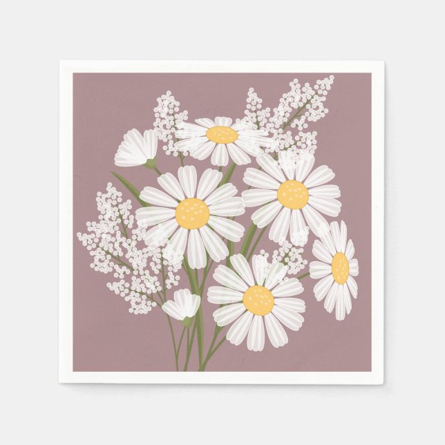 Serviette En Papier Élégante marguerite florale blanche sur Rosy Brown (Devant)