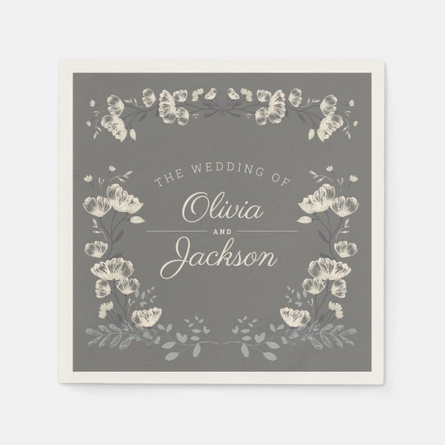 Serviette En Papier Elégante mariage florale bleu foncé gris et blanc (Devant)
