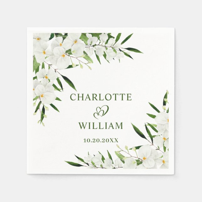 Serviette En Papier Elégante Orchidées Blanches Mariage floral bohème (Devant)