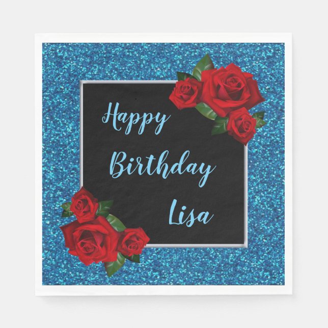 Serviette En Papier Elégante Parties scintillant Bleue Chic Roses Roug (Devant)