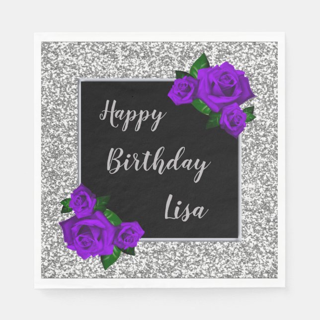 Serviette En Papier Elégante Parties scintillant d'argent chic violet  (Devant)