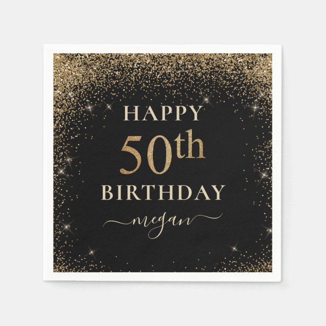 Serviette En Papier Elégante Parties scintillant d'or noir 50ème anniv (Devant)