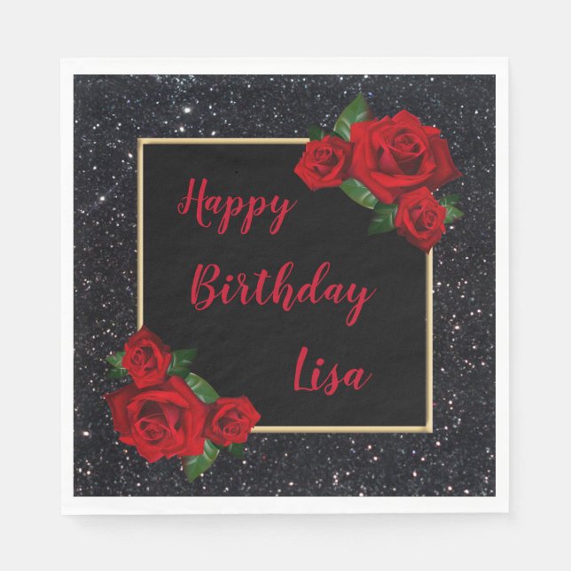 Serviette En Papier Elégante Parties scintillant noire Chic Roses roug (Devant)