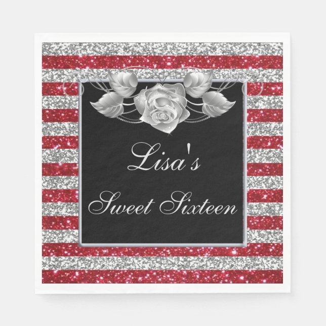 Serviette En Papier Elégante Parties scintillant rouge argent Rose arg (Devant)