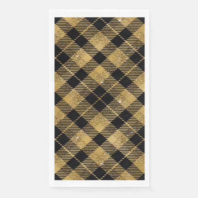 Serviette En Papier Elégante Parties scintillant Tartan Black Gold (Devant)