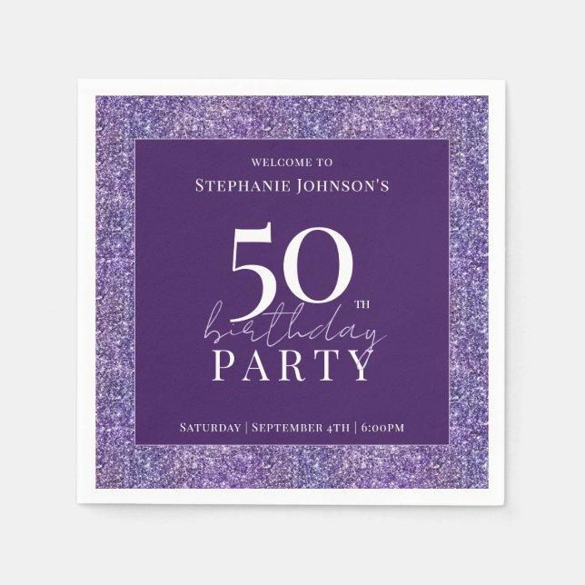 Serviette En Papier Elégante Parties scintillant violet 50ème annivers (Devant)