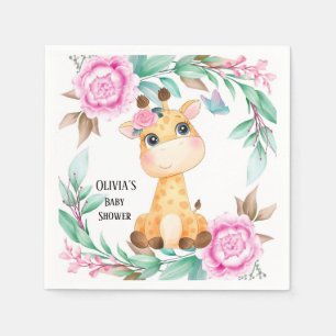Serviette En Papier Elégante Peony rose et une jolie Giraffe personnal
