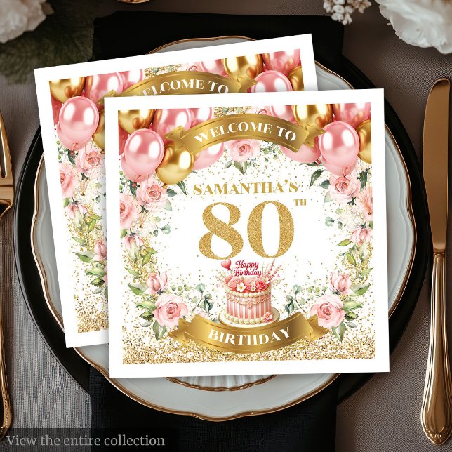 Serviette En Papier Élégante personnalisation 80e anniversaire de la f (Elegant Personalized 80th Birthday Party Napkins)