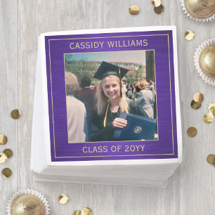 Serviette En Papier Elégante Photo Purple Gold Modern Graduation Party