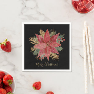 Serviette En Papier Élégante Poinsettia Rouge or Fleur Joyeux Noël
