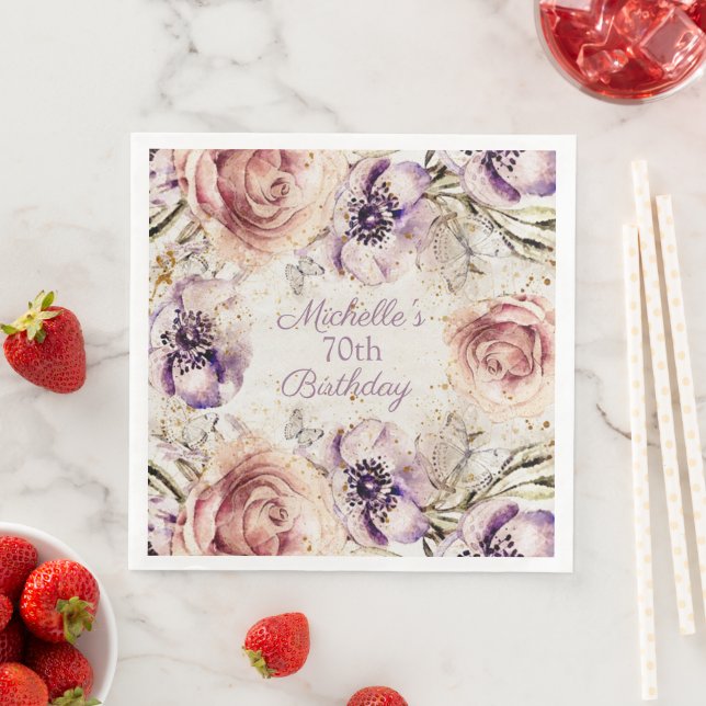 Serviette En Papier Élégante Purple Blush Pink 70e fête d'anniversaire (En situation)