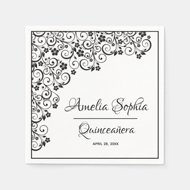 Serviette En Papier Elégante Quinceañera Black Swirls sur blanc (Devant)