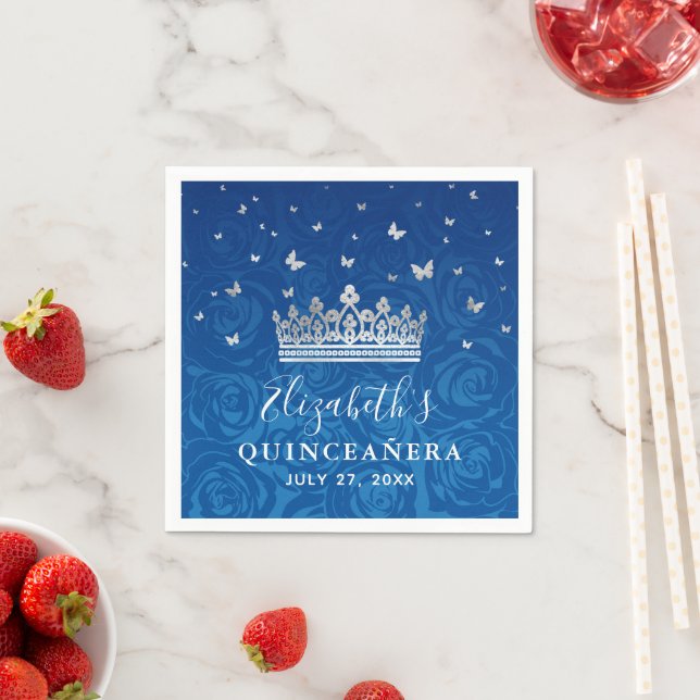 Serviette En Papier Elégante Quinceanera royale bleue et couronne arge (En situation)