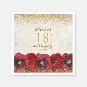 Serviette En Papier Elégante Rose rouge Floral Or 18ème anniversaire f