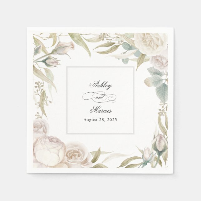 Serviette En Papier Elégante Roses Blanches Aquarelle Mariage Célébrat (Devant)