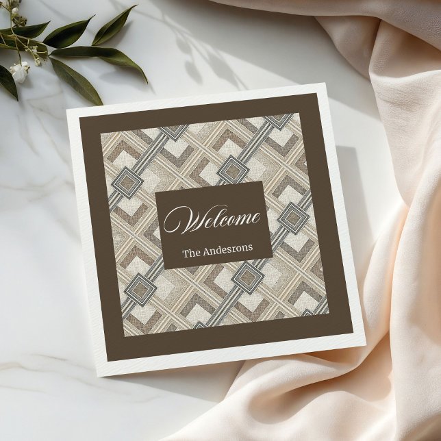 Serviette En Papier Élégante serviettes Brown ivoire Nom personnalisé  (Elegant Ivory Brown Napkins Custom Name Minimalist)