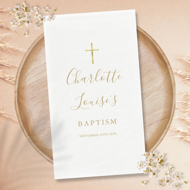Serviette En Papier Élégante signature de baptême de style script or (Elegant Gold Signature Script Baptism Christening Paper Guest Towels)