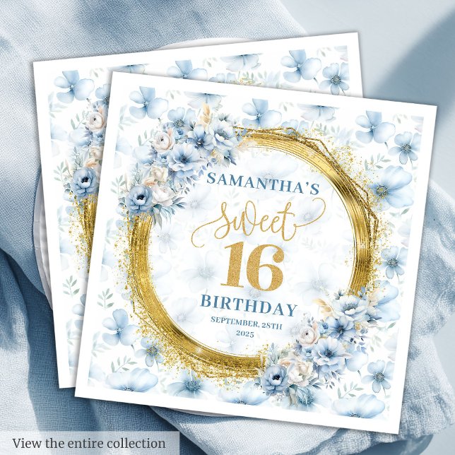 Serviette En Papier Élégante Sweet sixteen bleu or Dusty (Elegant Dusty Blue Gold Sweet Sixteen Napkins)