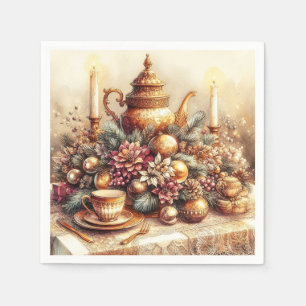Serviette En Papier Élégante théière victorienne en or florale de Noël