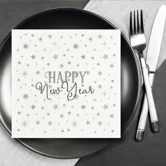 Serviette En Papier Élégante Typographie Gris Blanc Étoiles Bonne anné (Créateur téléchargé)