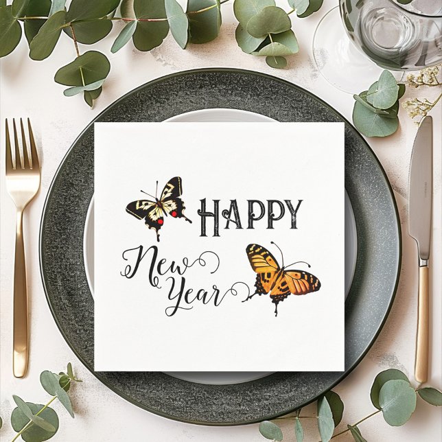 Serviette En Papier Élégante typographie Papillon blanc Bonne année (Créateur téléchargé)