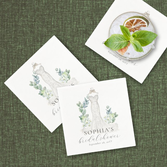 Serviette En Papier Élégante verdure Boho Script Papier Napkin (These elegant bridal shower napkins feature an exquisite drawing of a wedding gown)