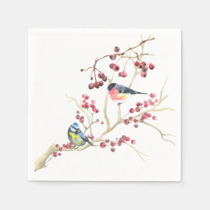 Serviette En Papier Elégante verdure de Noël avec oiseaux et baies
