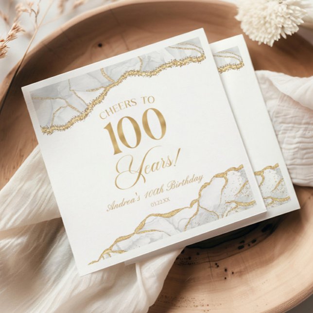 Serviette En Papier Elégante White Gold Agate 100e fête d'anniversaire (Créateur téléchargé)