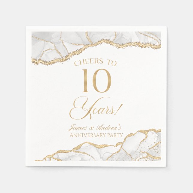 Serviette En Papier Elégante White Gold Agate 10e anniversaire fête (Devant)