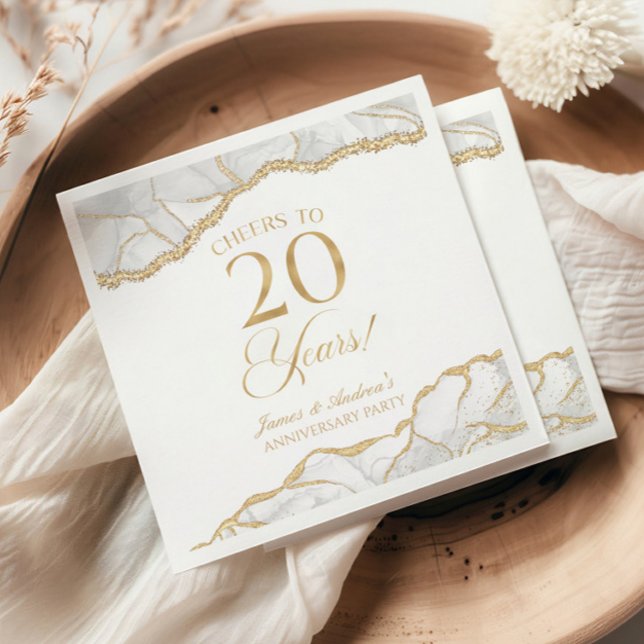 Serviette En Papier Élégante White Gold Agate 20e anniversaire fête (Créateur téléchargé)