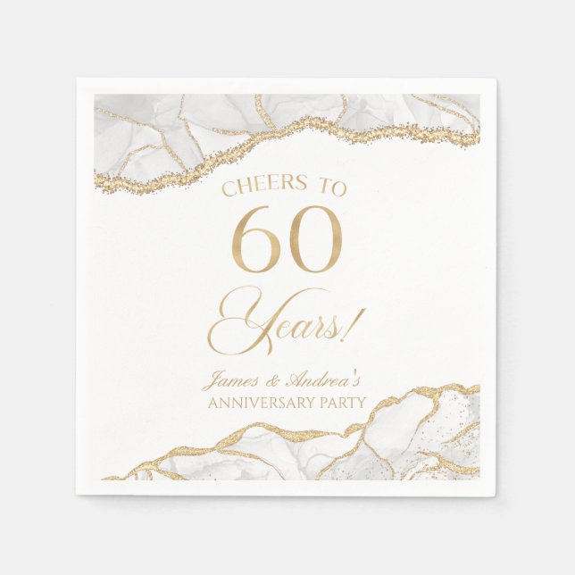Serviette En Papier Elégante White Gold Agate 60e Anniversaire Party (Devant)
