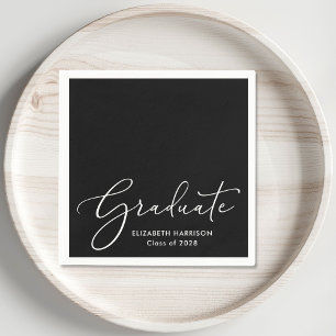 Serviette En Papier Élégante White Script Black Graduation Party