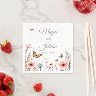 Serviette En Papier Élégantes Fleurs Sauvages et Papillons Mariage