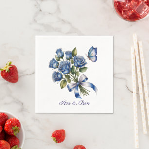 Serviette En Papier Élégantes Roses Bleues et Papillon Mariage Argent