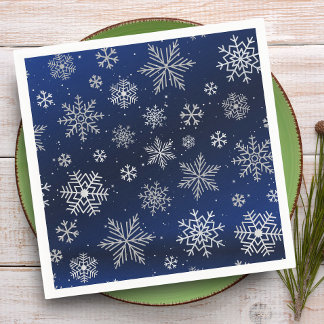 Serviette En Papier Élégants flocons d'argent sur le bleu nuit Noël