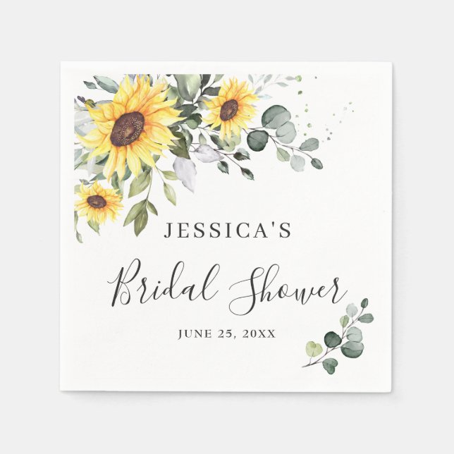 Serviette En Papier Elegants Tournesols Eucalyptus Fleurs Mariage (Devant)